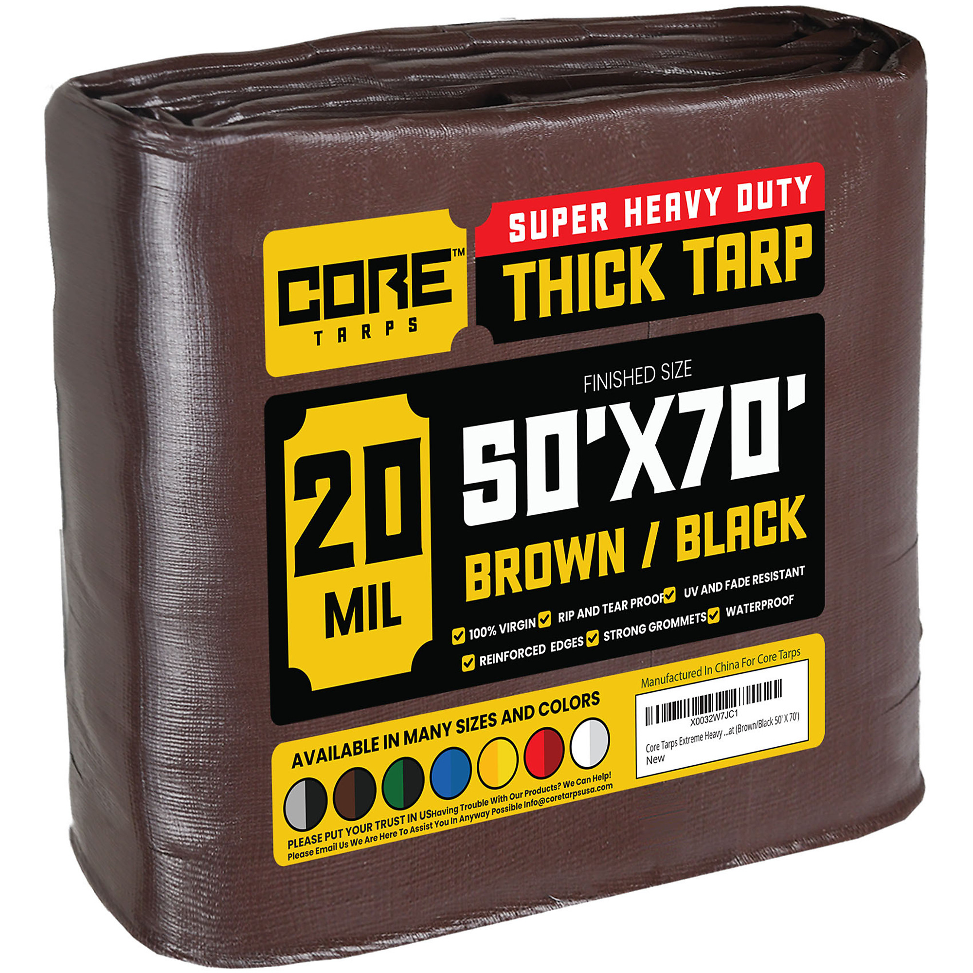 Core Tarps Extreme Heavy-Duty Tarp Cover — 50ft. x 70ft., 20 Mil, Waterproof, UV Resistant, Rip and Tear Proof, Reinforced Edges, Brown/Black, Model# CT-702-50X70